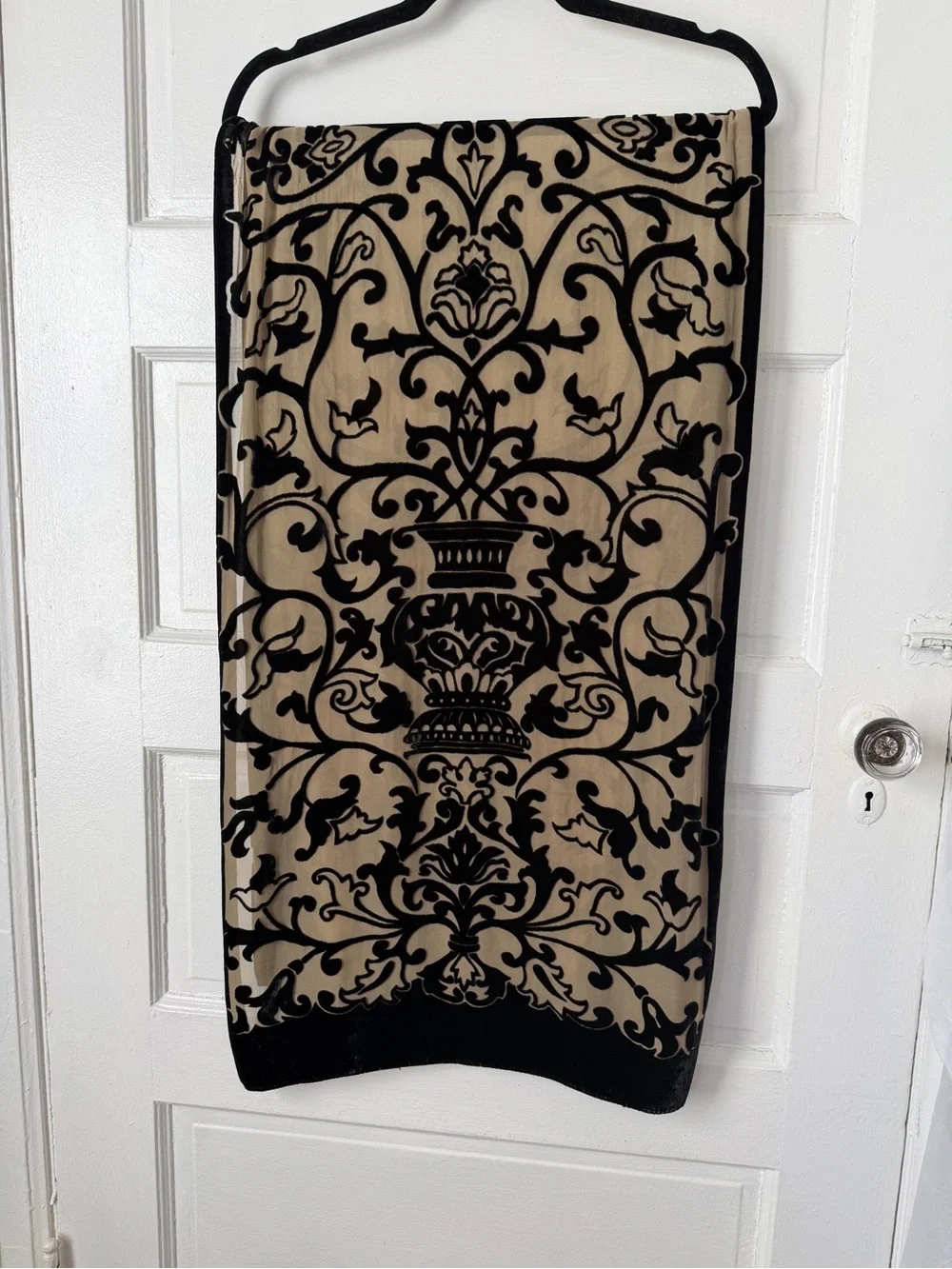 Silk Blend Velvet Burnout Scarf Wrap Beige & Black Damask Paisley Print Regal